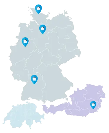 Karte mit Allwin teamvergütungsbüros in der DACH Region